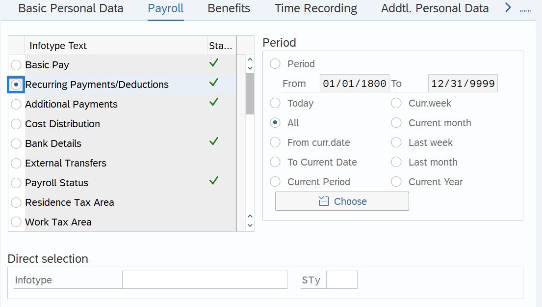 Recurring Payments/Deductions selected in Payroll tab 
