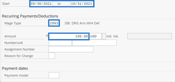 Recurring Payments/Deductions screen with Start, to, Wage Type, and amount fields highlighted 