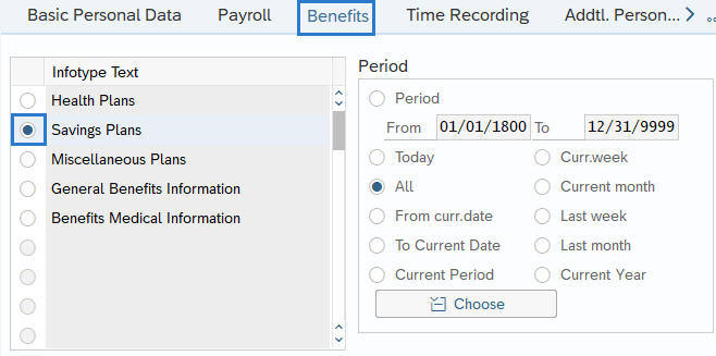 Benefits tab opens with Savings Plans radio button selected