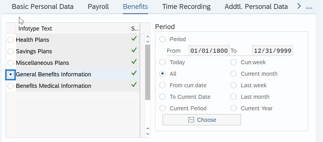 Benefits screen with General Benefits Information info type selected