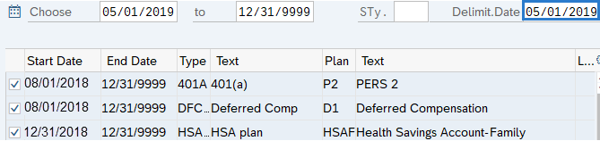 Savings Plans (0169) infotype screen with Delimit Date field highlighted