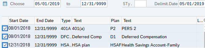  Savings Plans (0169) infotype screen with three rows checkboxes highlighted
