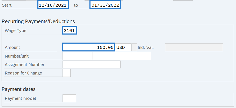 Recurring Payments/Deductions screen with Start date, to date, Wage type, and amount fields highlighted