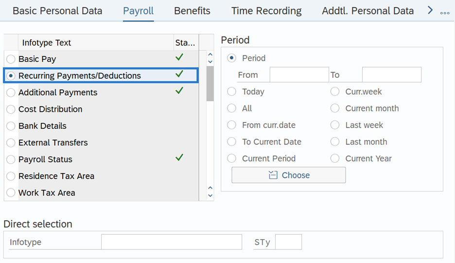 Payroll tab with Recurring Payments/Deductions option highlighted