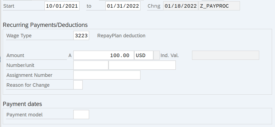 Recurring Payments/Deductions screen