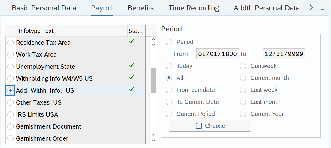 Payroll tab with Add. Wthh. Info US selected.