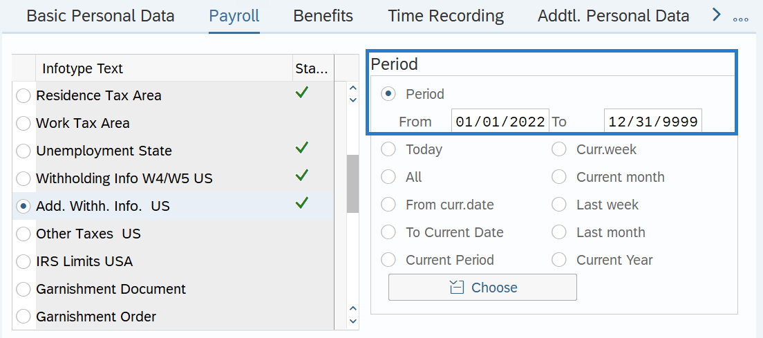 Payroll tab with Period Fromm and To selected.