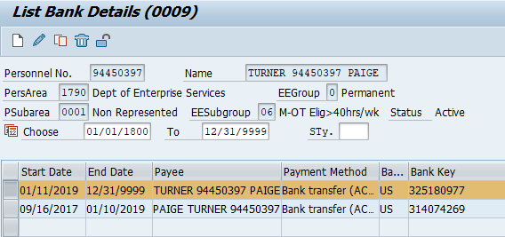 Screenshot of list bank details with record highlighted.
