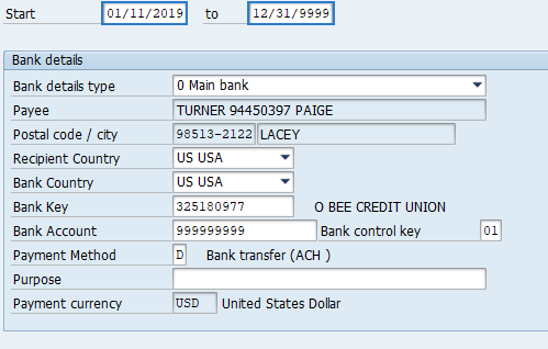 Screenshot of change bank details screen.