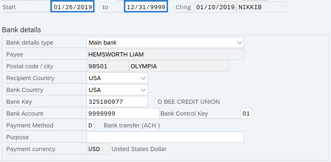 Bank details record with Start and to dates selected.