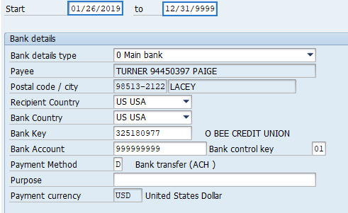 Screenshot of bank details screen.