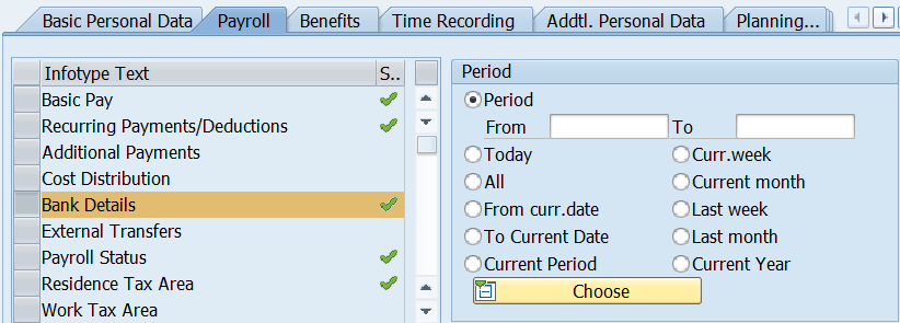 Screenshot of payroll tab with Bank Details infotype highlighted