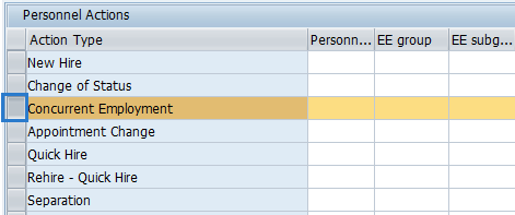 Screenshot of personnel actions screen with Concurrent Employment action type highlighted.