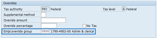 Screenshot of additional withholding screen with Empl. override group field highlighted