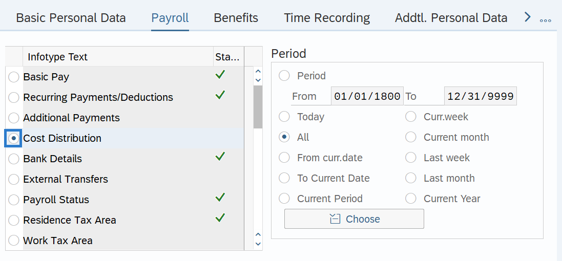 Payroll tab with Cost Distribution selected.