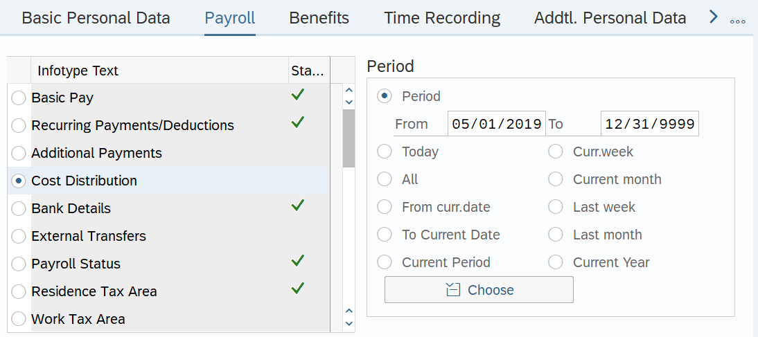 Payroll tab with Cost Distriibution From date selected.