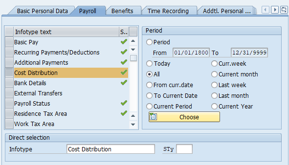 Screenshot of payroll tab with Cost Distribution infotype highlighted