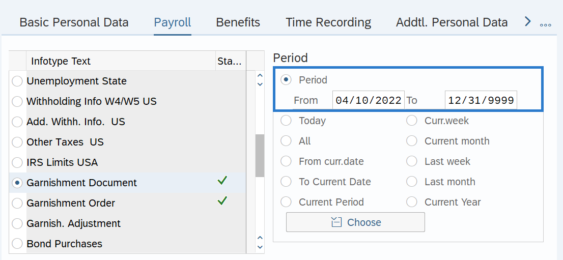 Payroll tab with Garnishment Document and Time period section effective dates selected.