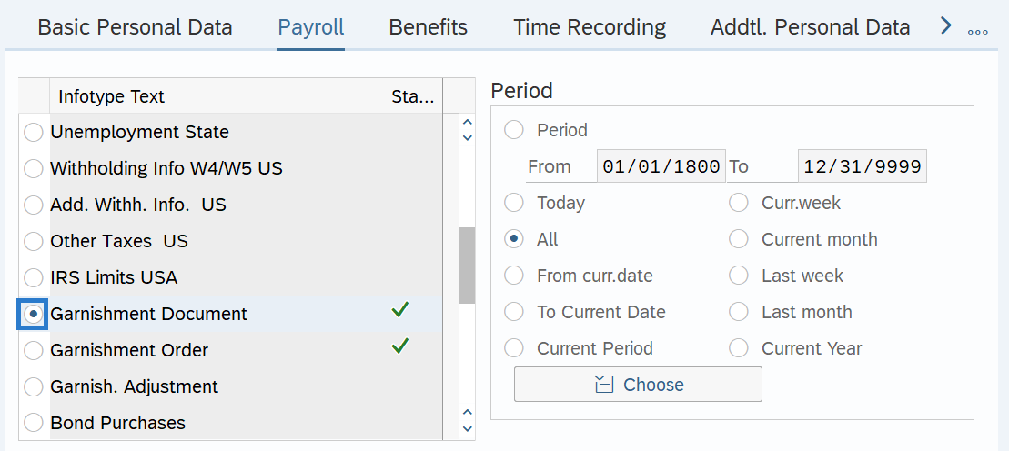 Payroll tab with Garnishment Document selected.
