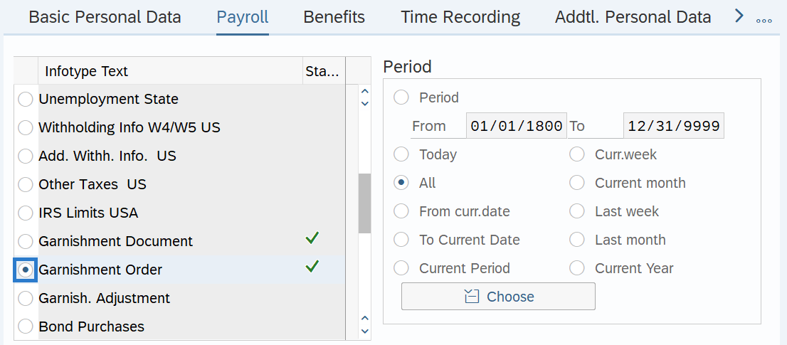Payroll tab with Garnishment Order selected.