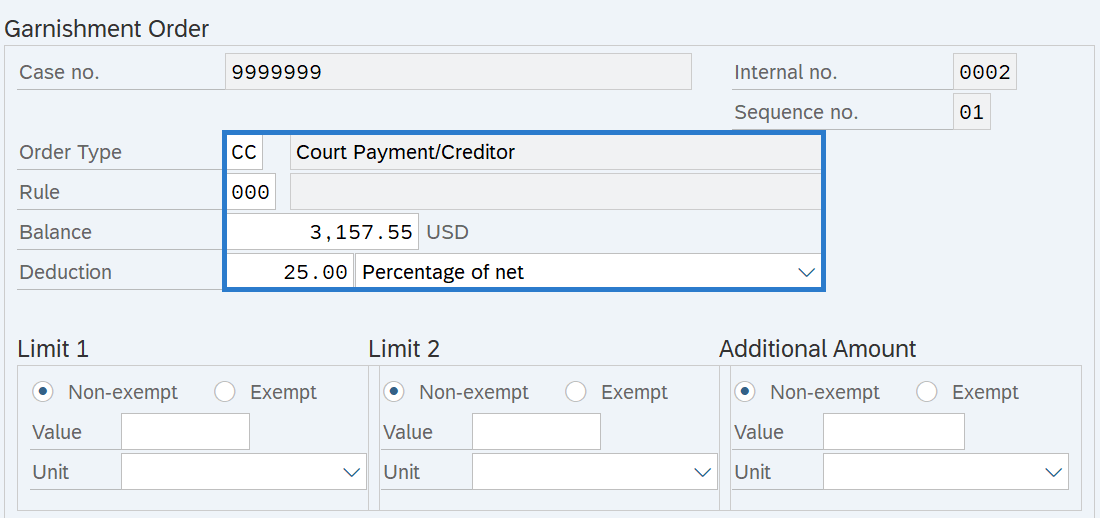 Garnishment Order Type fields selected.