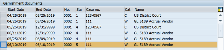 Screenshot of garnishment document records.