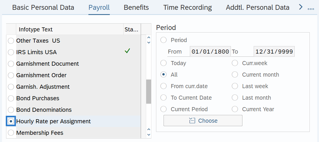 Payroll tab with Hourly Rate per Assignment selected.