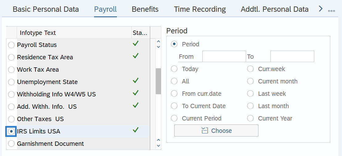 Payroll tab with IRS Limits USA selected.