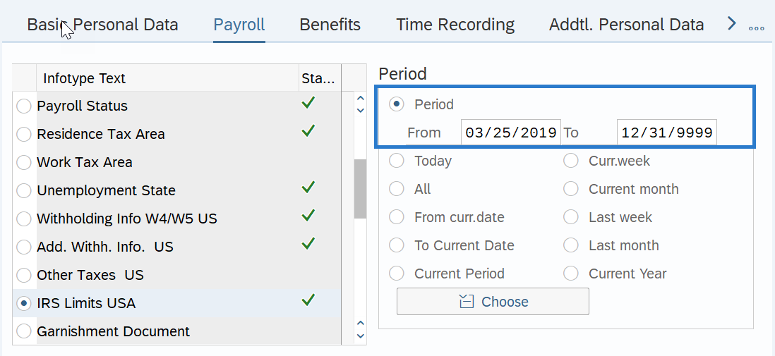 Payroll tab with IRS Limits USA From date selected.