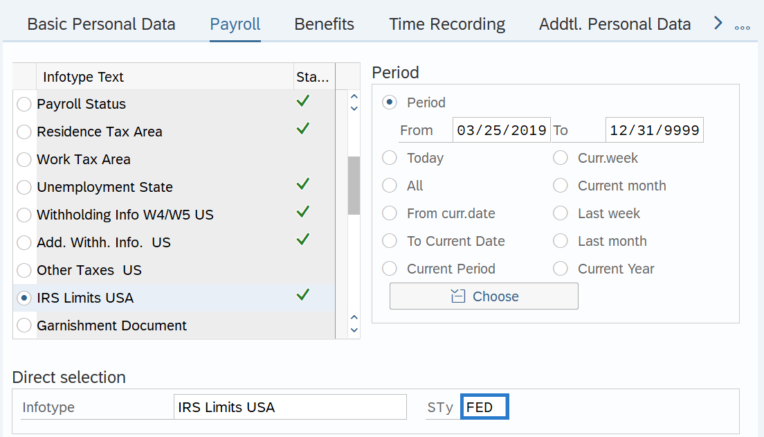 Payroll tab with IRS Limits USA with STy Fed selected.