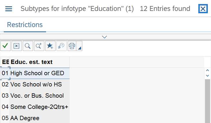 Subtypes for infotype “Education” window selected.