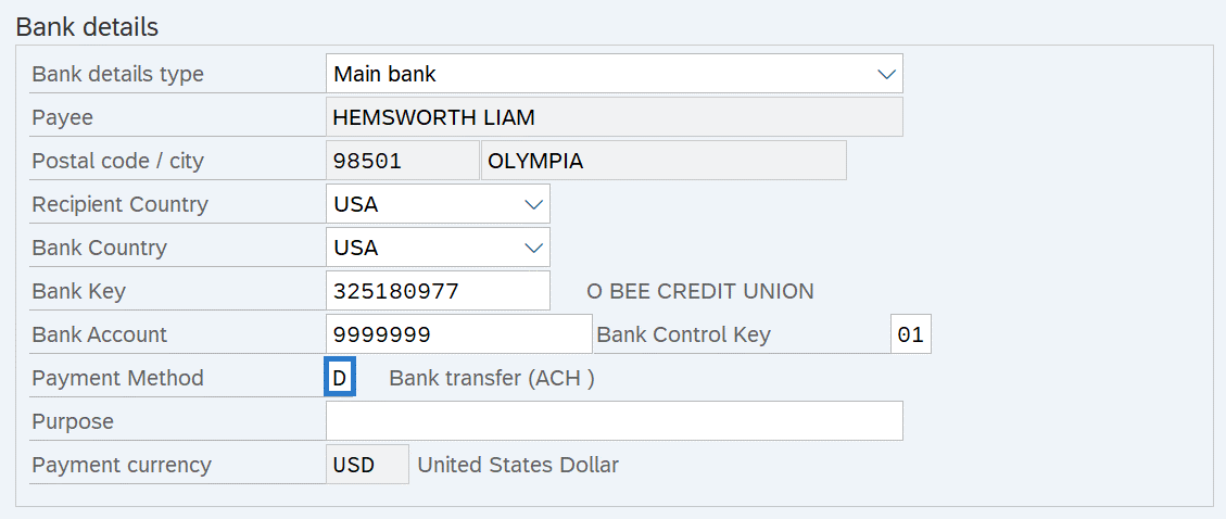 Bank Details (0009) infotype with field Payment method selected.