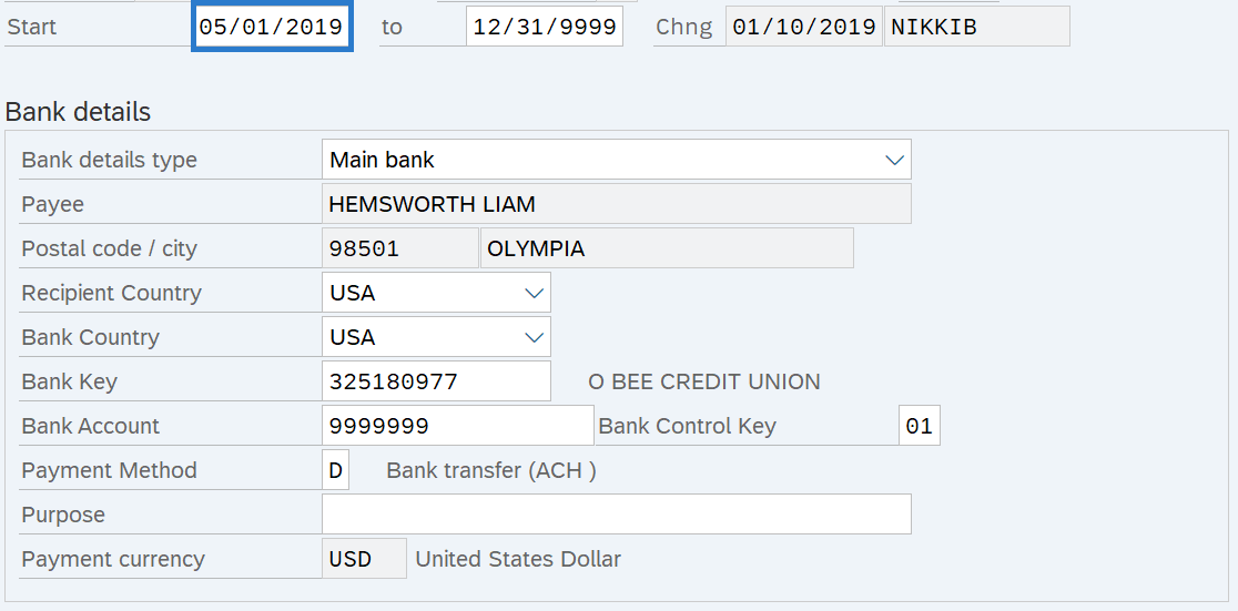Bank Details (0009) infotype, change the Start Date to the correct date of hire selected.