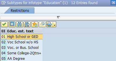 Screenshot of education infotype.