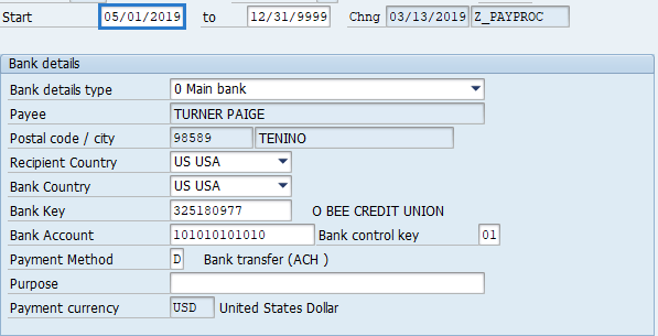 Screenshot of bank details screen.