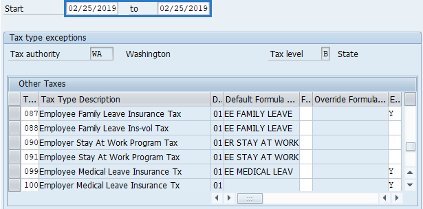 Screenshot of tax type exceptions.