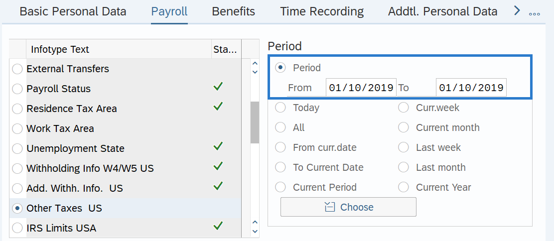 Payroll tab with Other Taxes US and Time period section effective dates selected.