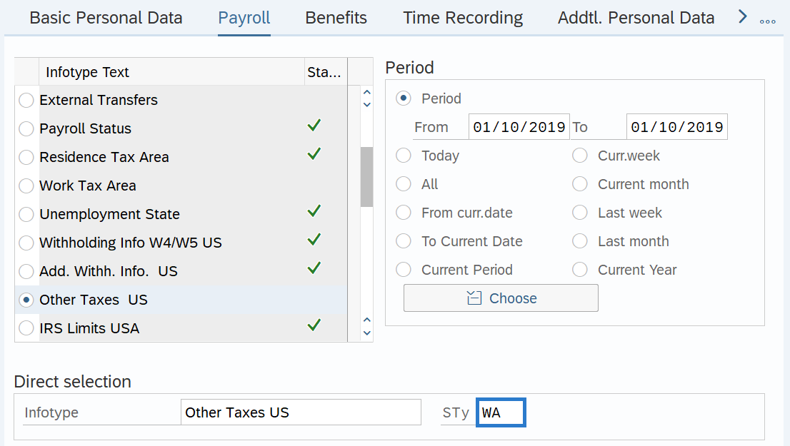 Payroll tab with Other Taxes US with Direct selection WA selected.