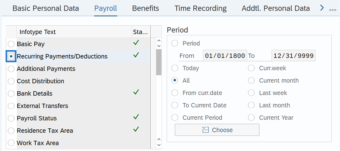 Payroll tab with Recurring Payments/Deductions selected.