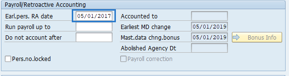 Screenshot of payroll retroactive accounting screen.