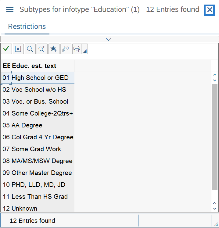 Close button for Subtypes for Education window selected.