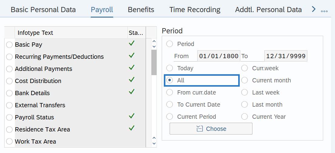 Payroll tab with Period selection box All selected.