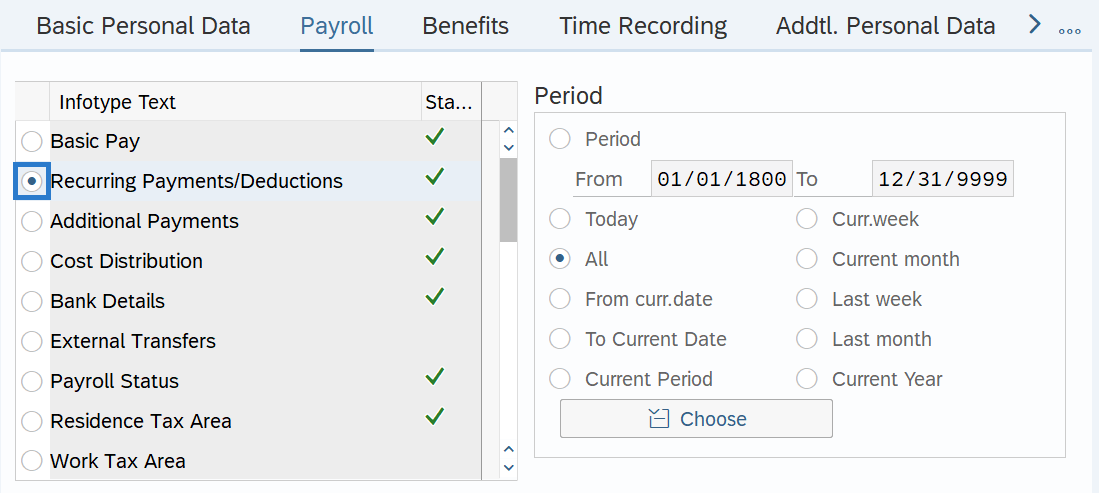 Payroll tab with Recurring Payments/Deductions selected.