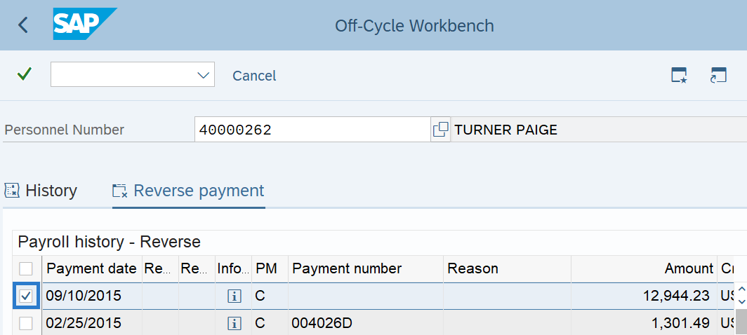 Reverse payment tab with record of payment selected.