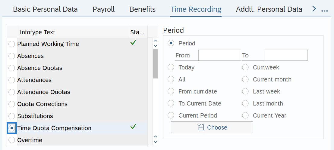 Time Recording tab with Time Quota Compensation selected.