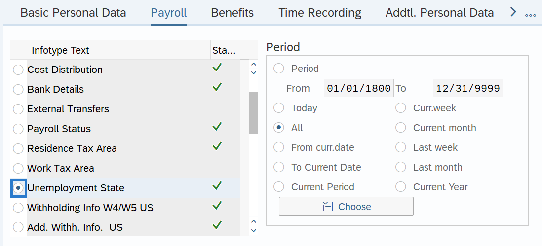 Payroll tab with Unemployment State selected.
