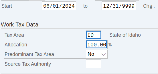 Work Tax Area field with value of ID and Allocation field with value of 100 percent.