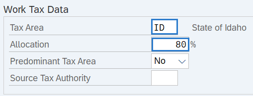 Work Tax Area field with value of ID and Allocation field with value of 80 percent highlighted.