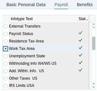 Work Tax Area radio button selected.