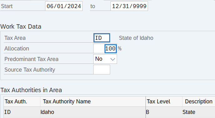 Tax Area field with value of ID and Allocation field with value of 100 percent.)